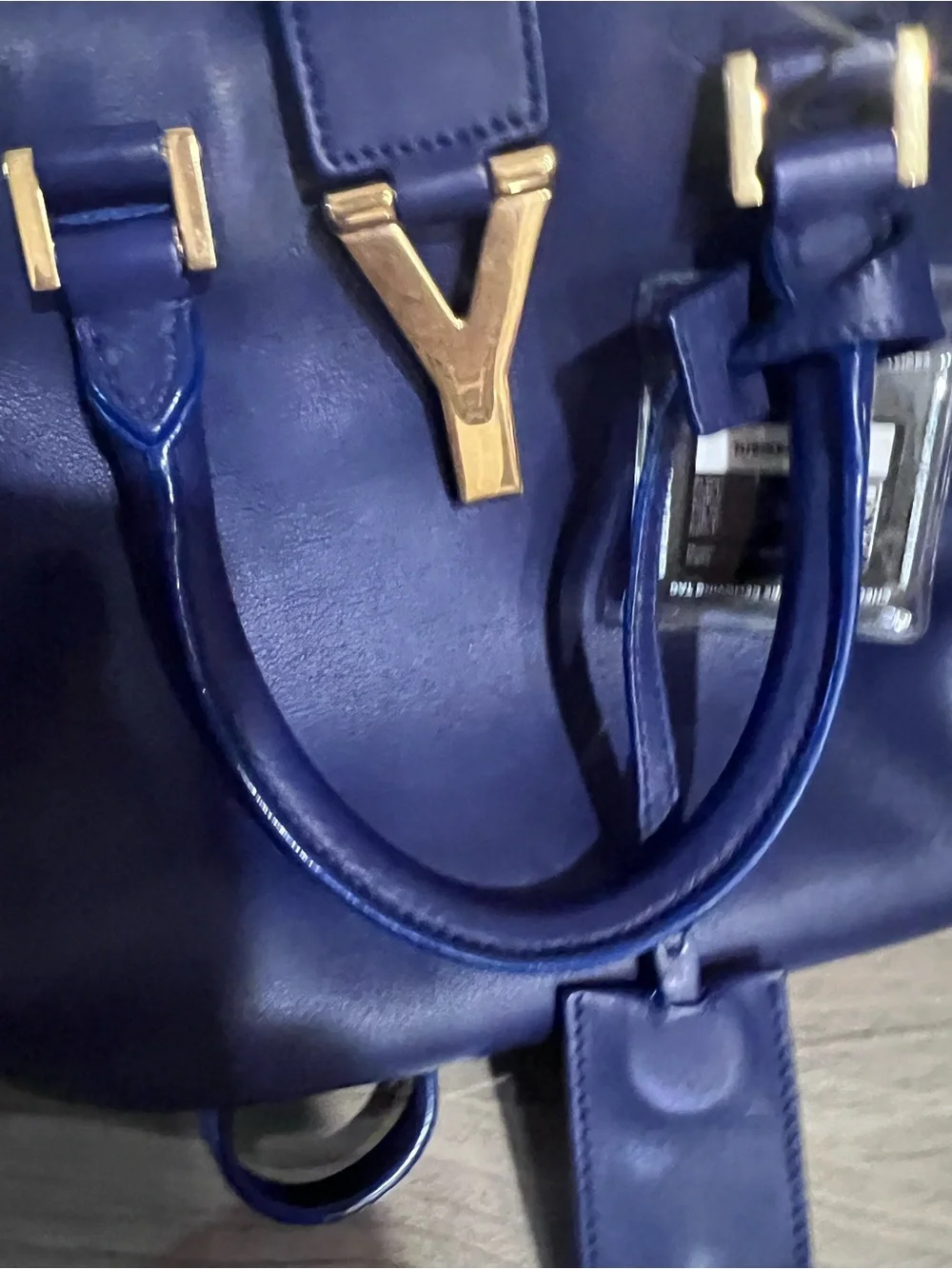 Saint Laurent Navy Leather Satchel with Gold Y Closure